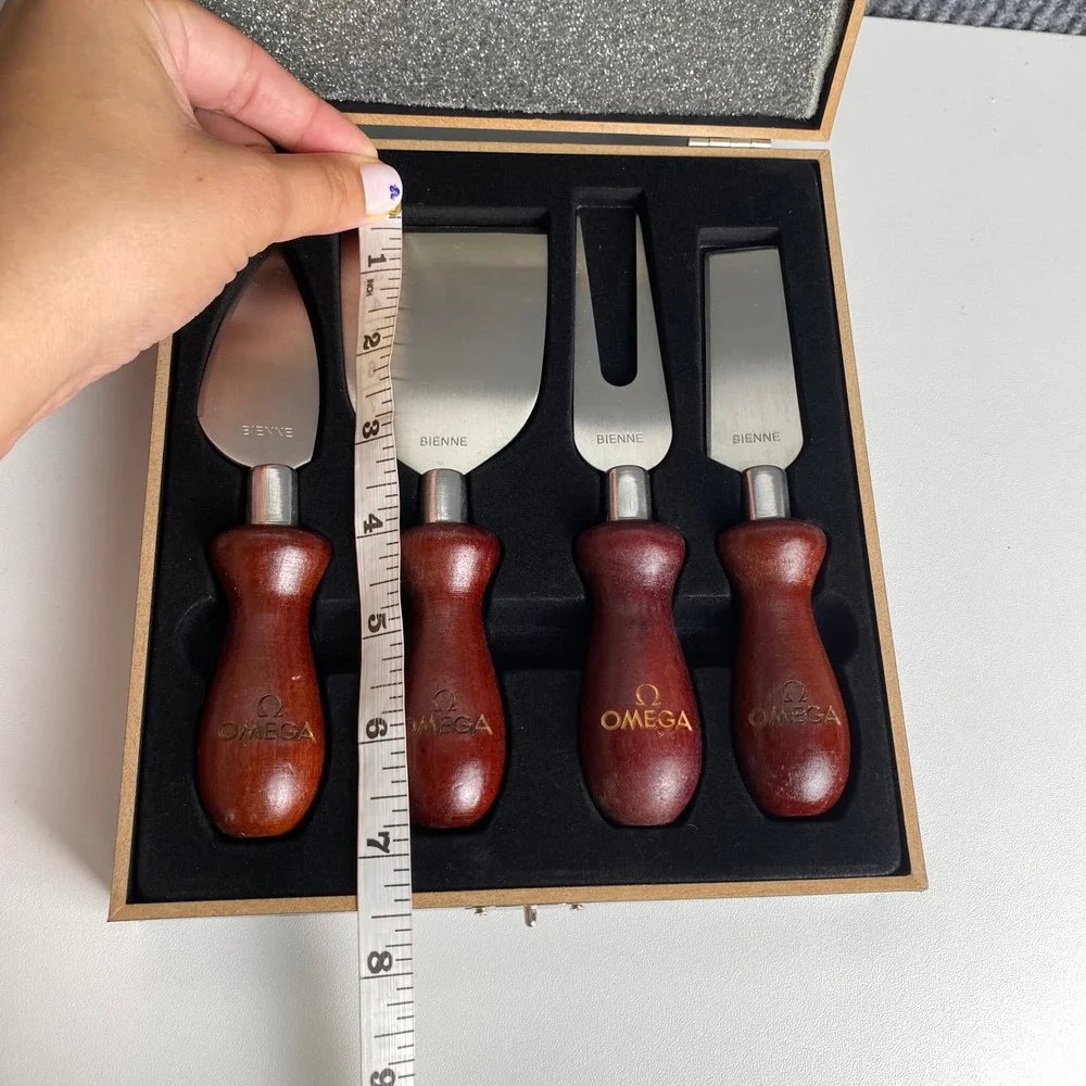Omega Bienne Cheese Knife Set 4 Piece Wood Handle Stainless Steel Boxed Set RARE